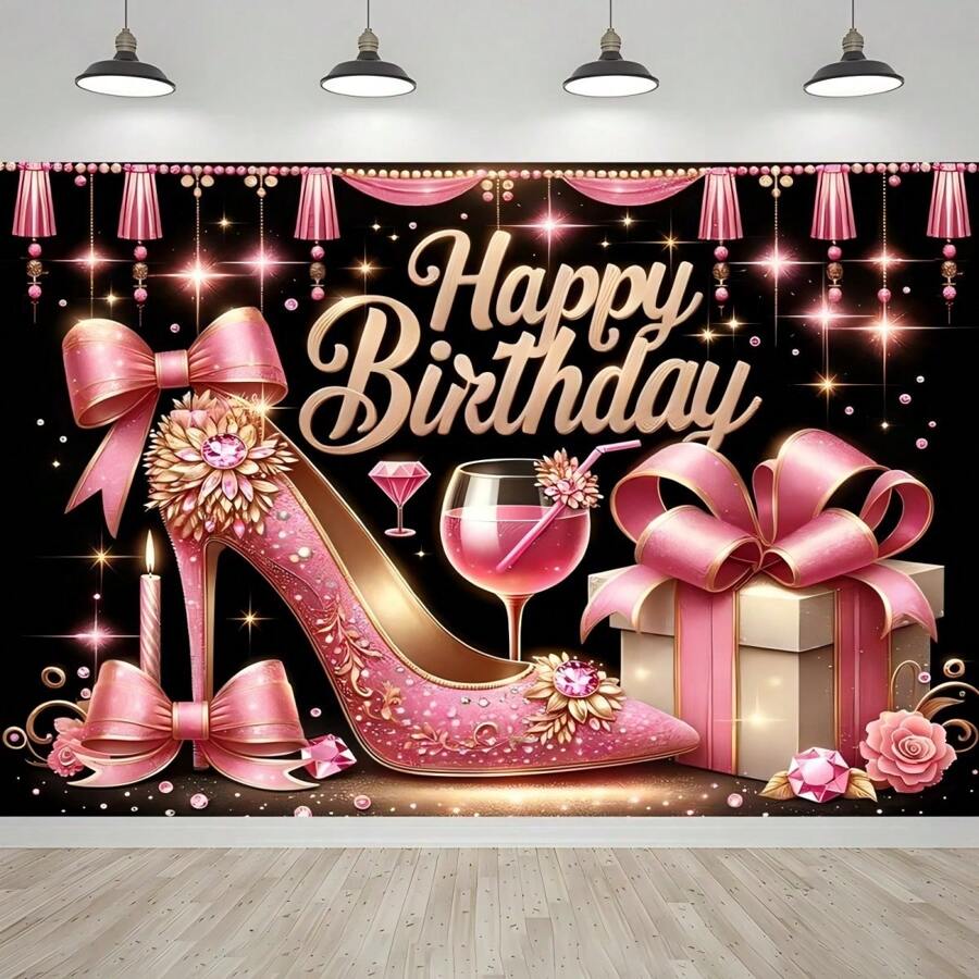 Dienalls Glitter Rose Gold Birthday Background, Shiny Heels And Champagne Glasses, Adult Female Photography Backdrop, Party Decoration Banner, New Year, Mother's Day And General Holiday Photo Backdrop - Easy To Set Up And Store, Adds Perfect Ambiance And Atmosphere! Tablecloth, Curtain