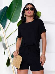 Women's Set In Fleece Fabric Comprising Shorts And Short Sleeve Cropped Top - 黑色 - 查看 2