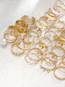 64pcs Fashionable, Elegant, Minimalist Precise Love, Butterfly, Leaf, Geometric, Faux Pearl, Rhinestone, Wavy, 8-Shaped, Infinity, Round Metal Rings Set, Multi-Layer Wide Band, Holiday, Party, Daily Wear, Gift - Yellow Gold - View 6