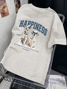 日式女式宽松休闲字母卡通狗印花短袖T恤，百搭春夏季 - 淺灰色 - 查看 4