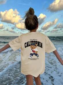 Casual Printed Round Neck Short Sleeve T-Shirt, Suitable For Girls And Children - Cool Teddy Bear Backpack T-Shirt Inspires Imagination And Self-Expression! Children's Wear, Girls' Graphic Tee, Summer Top, Teen Clothing - Apricot - View 4