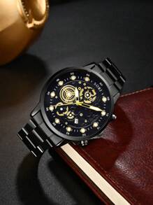 1 Set Men's Watch Business, Fashion, Calendar Function, Luminous Seconds Hand, Anti-Mechanical Numeric Dial Quartz Watch And Lion's Head, Crown Beaded Bracelet Accessory Set Perfect For Everyday Wear, Birthday Gifts, Parties, Holiday Gatherings, And As The Ideal Gift For Yourself Or Friends No Box