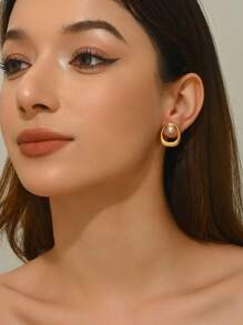 1 Pair Fashion Asymmetrical Oval Hollow Faux Pearl Stainless Steel Earrings, Suitable For Women's Daily And Work Commute Wear