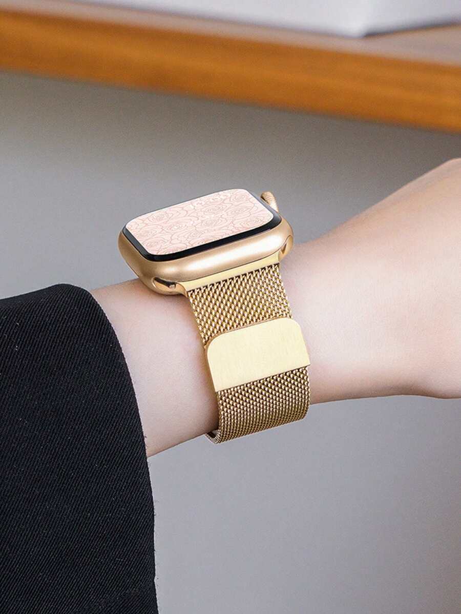 1条女士金色米兰尼斯不锈钢磁吸表带，兼容 46mm、49mm、40mm、44mm、45mm、41mm、42mm、38mm，奢华金属表带，兼容 Series 11、10、9、8、7、SE、6、5、4、3、2、1、Ultra、3/2/1，时尚智能手表配件，兼容S10、S11