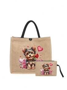 Bolso de mano con bolsa de maquillaje con estampado de perro de dibujos animados, bolso elegante y espacioso con estampado de Yorkshire Terrier, bolso grande con estampado lindo de cachorro - Bolsa reutilizable para la compra, con correa de hombro, perfecto para compras y regalos, bolso de playa de gran capacidad para mujeres