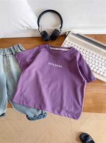 年轻男孩字母印花圆领短袖休闲 T 恤，夏季 - 紫色 - 查看 6