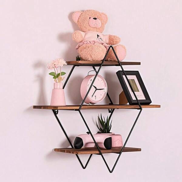 UNHO Mensole galleggianti in legno rustico, mensole da parete in diamante in legno e metallo, mensole decorative per pareti, mensole da parete per cucina, soggiorno, camera da letto, cucina, corridoio e ufficio