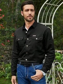 Men's Long Sleeve Military Shirt With Buttons - màu đen - Xem 4