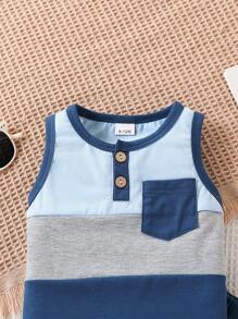 Toddler Boys Casual Summer Outfit, Sleeveless Color Block T-Shirt And Shorts Set