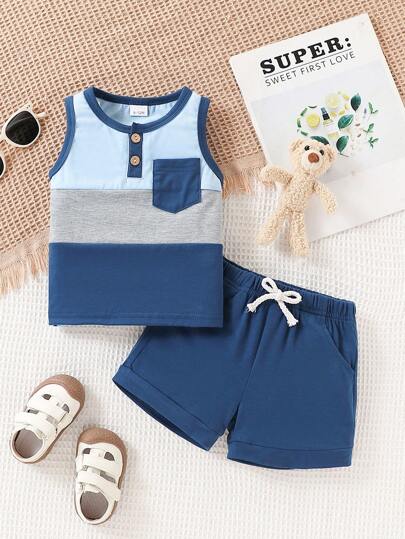 Toddler Boys Casual Summer Outfit, Sleeveless Color Block T-Shirt And Shorts Set