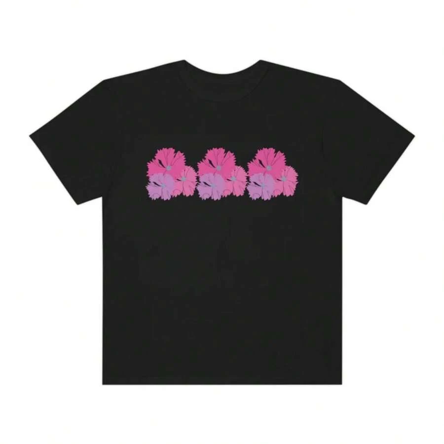 Pink Flowers Women's Garment-Dyed T-Shirt, Gift Pink Flower Shirt, Pink Floral Tee Shirt - Black - View 1
