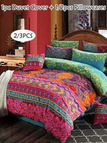 2/3pcs Bohemian Geometric Stripe Retro Print Polyester Duvet Cover Set, Fashion Vivid Bedding Set Suitable For All Seasons (1 Duvet Cover + 1/2 Pillowcase)