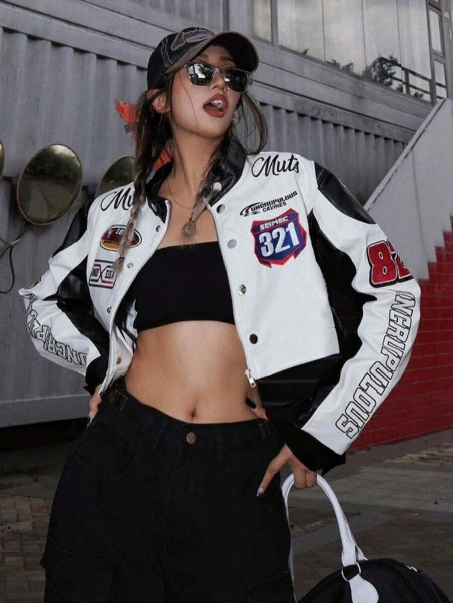 Women's Varsity Racing Bomber Leather Jacket 8943# | SHEIN USA