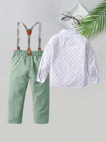 BOARNSEORL 2 piezas Conjunto de caballero para niños pequeños, camisa de manga larga con estampado aleatorio con pajarita y pantalones con tirantes, de moda y para fiesta de cumpleaños, boda, bautizo