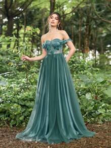 Faeriesty Vestido de noche de línea A con hombros descubiertos y aplicaciones florales intrincadas, vestidos formales elegantes para galas de alfombra roja, bodas de etiqueta negra