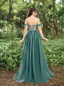 Faeriesty Vestido de noche de línea A con hombros descubiertos y aplicaciones florales intrincadas, vestidos formales elegantes para galas de alfombra roja, bodas de etiqueta negra