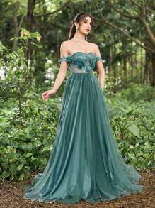 Faeriesty Vestido de noche de línea A con hombros descubiertos y aplicaciones florales intrincadas, vestidos formales elegantes para galas de alfombra roja, bodas de etiqueta negra