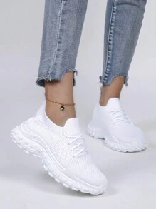 Women's Spring Casual Sneakers, Fashionable Breathable Lightweight Anti-Slip Sports Shoes - White - View 1