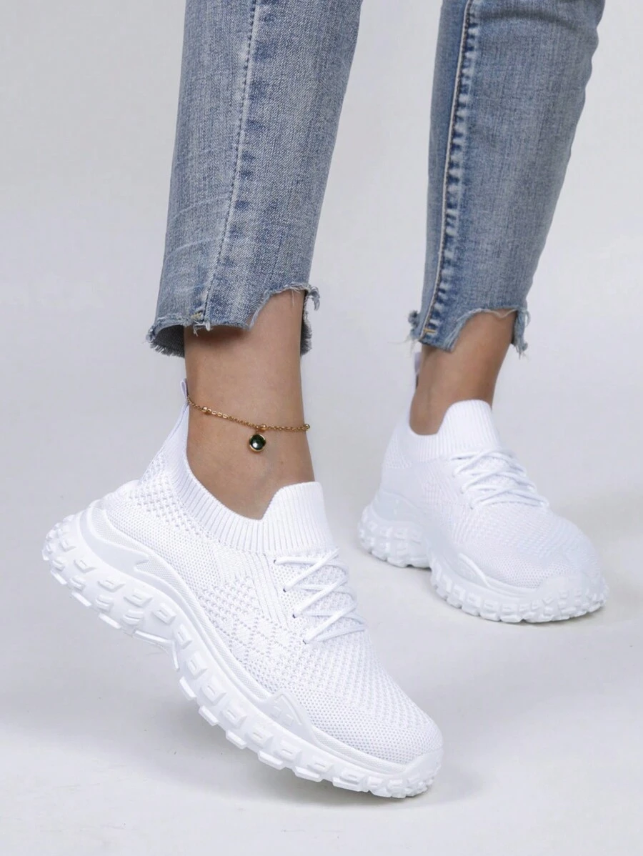 Women's Spring Casual Sneakers, Fashionable Breathable Lightweight Anti-Slip Sports Shoes - White - View 1