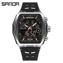 SANDA Men Watch Digital Quartz Dual Time Military Sport Wristwatch Top Brand Luxury Multifunction Alarm Date Week Stopwatch Function Silicone Strap Waterproof Original Electronic Male Clock Gift 6235
