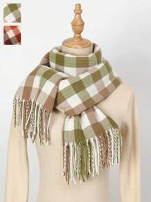 1 pièce Écharpe à franges style japonais à carreaux vert frais