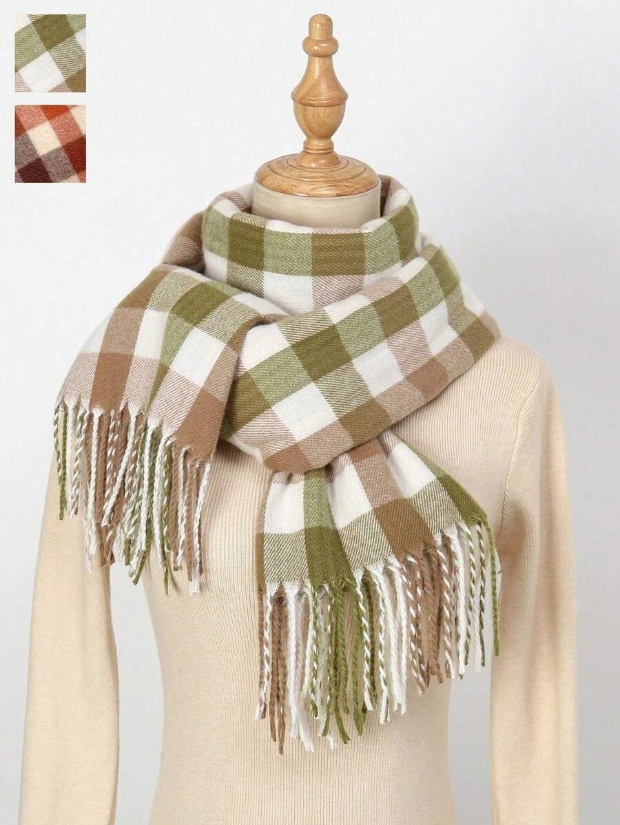 1 pièce Écharpe à franges style japonais à carreaux vert frais