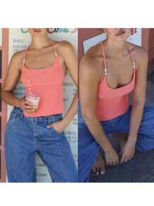 Women's Knit Cami Tops Tie Up Sleeveless Open Back Solid Color Halter Neck Tank Tops - 紅色 - 查看 4