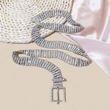1pc Women Silver Gorgeous Rhinestone Decor Square Buckle Belt For Party Harness Halloween Summer, School Fall, Autumn, Halloween