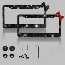 1 Shiny License Plate Frame, Set With Hand-Set Acrylic Crystal, Cute Bowknot Decoration, Stainless Steel Frame, Firmly Fixed, Upgrade Your Car With Stylish Shiny Butterfly License Plate Frame Christmas Gift Girl