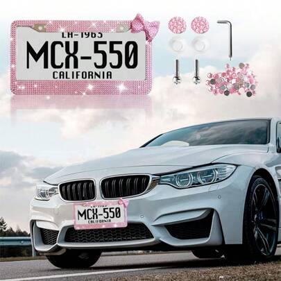 1 Shiny License Plate Frame, Set With Hand-Set Acrylic Crystal, Cute Bowknot Decoration, Stainless Steel Frame, Firmly Fixed, Upgrade Your Car With Stylish Shiny Butterfly License Plate Frame Christmas Gift Girl
