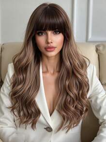 Peluca sintética de alta calidad con fibra resistente al calor, de 26 pulgadas de largo, con cabello castaño rizado y flequillo, perfecta para fiestas, vacaciones y uso diario