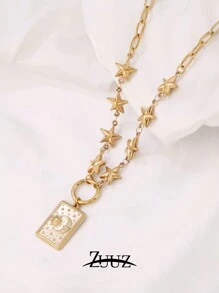 1 Stück modische Edelstahl quadratische Stern Mond Charm-Halskette für Frauen, geometrische Kette Halskette für Frauen Schmuck, bestes Freundinnen Geschenk