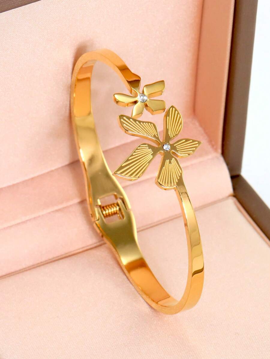 1pc Gold Color Bracelets For Women Teen Girls Rhinestone Orchid Flower Stainless Steel Cuff Bangle Female Daily Party Jewelry Gifts Valentines,Mom,Mother,Mother's Day,Gift