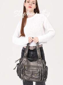 STEPHIECATHY Solid Color Soft Washed PU Vegan Leather Zipper Closure Multiple Pockets Double Short Straps Adjustable Long Belt Shoulder Cross Body Bag For Women Unisex Retro Casual Practical Functional College Daily Travel Outings - 銀色 - 查看 3