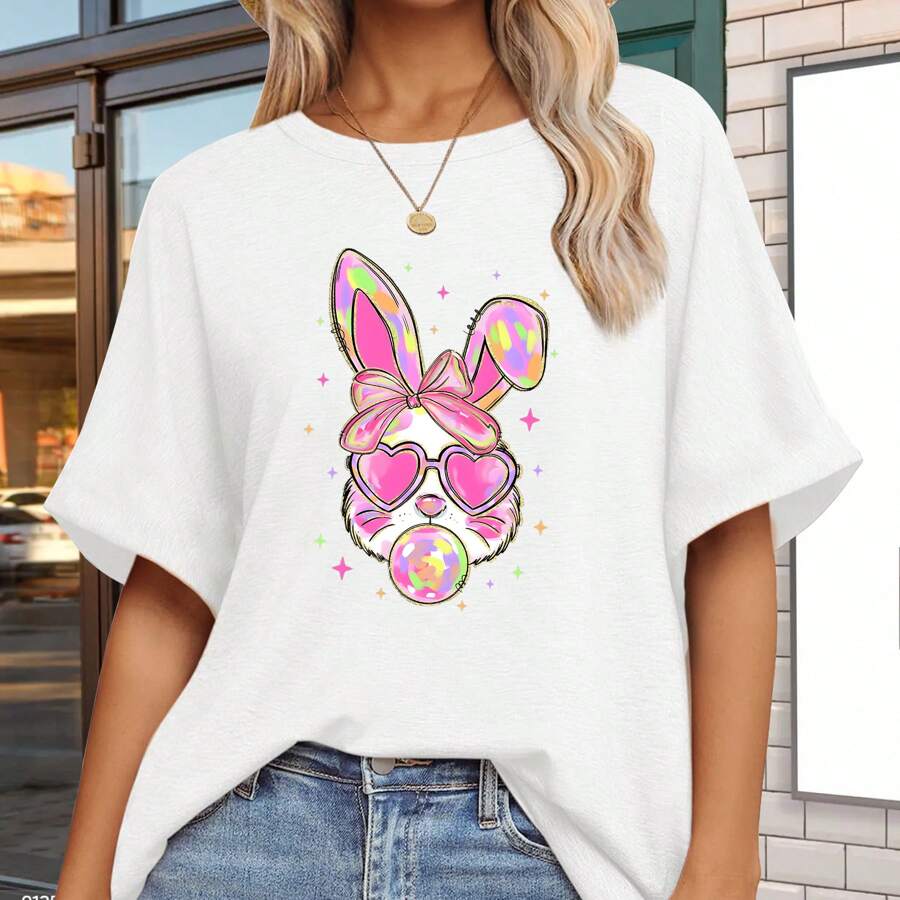 Colorful Love Rabbit Graphic Crew Neck T-Shirt Chic Short Sleeve Tee Cotton Shirt Machine Washable Women'S T-Shirts