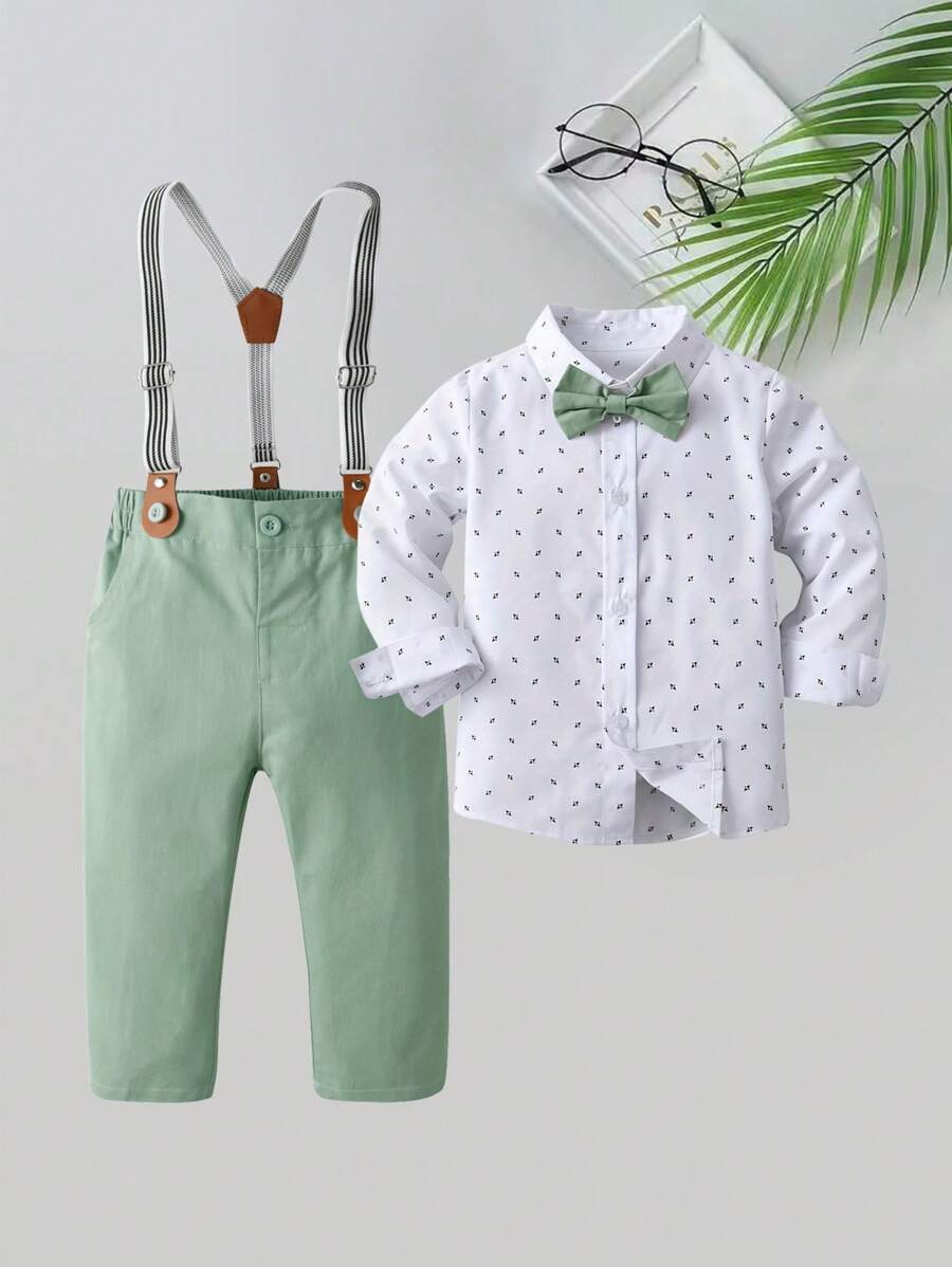 BOARNSEORL 2 piezas Conjunto de caballero para niños pequeños, camisa de manga larga con estampado aleatorio con pajarita y pantalones con tirantes, de moda y para fiesta de cumpleaños, boda, bautizo