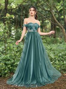 Faeriesty Vestido de noche de línea A con hombros descubiertos y aplicaciones florales intrincadas, vestidos formales elegantes para galas de alfombra roja, bodas de etiqueta negra