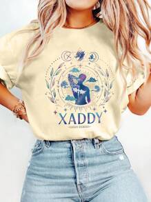 Xaden Riorson Graphic Print T Shirt, Short Sleeve Crew Neck Casual Top For Summer & Spring, Women's T-Shirt - 杏色 - 查看 1