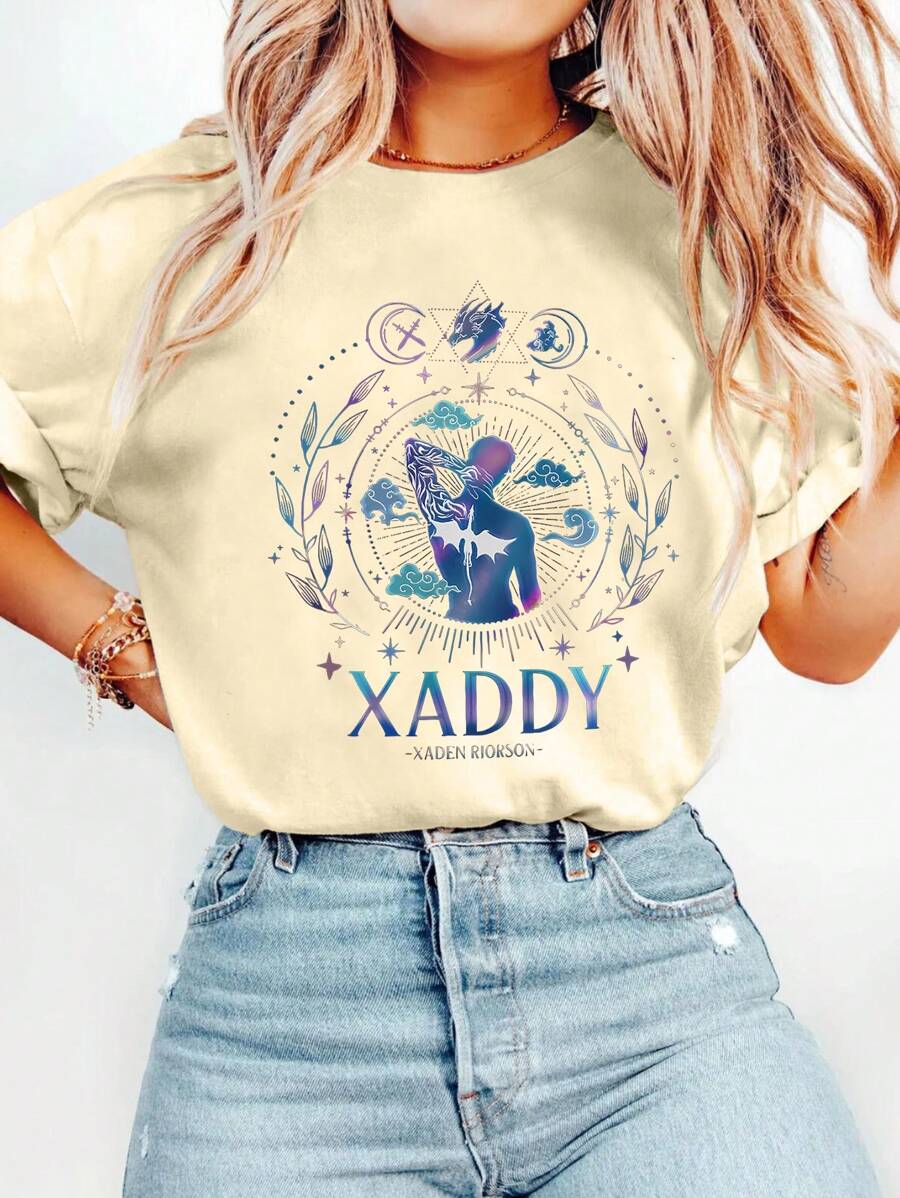 Xaden Riorson Graphic Print T Shirt, Short Sleeve Crew Neck Casual Top For Summer & Spring, Women's T-Shirt - 杏色 - 查看 1