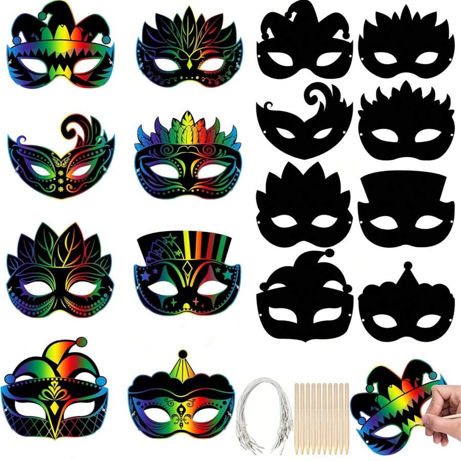 24 Pcs Mardi Gras Scratch Paper Mask, Masquerade Multicolor Scratch ...