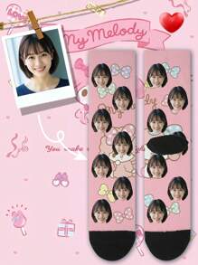 Sanrio Melody、、 、MyMelody、、Badtz-Maru、LittleTwinStars、1 双定制脸部女士中筒袜，可将任何脸部放在袜子上 - 彩色 - 查看 2