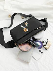 Daisy Flowers With White Letters Chest Bag, Suspender Bag, Sports And Fitness Bag, White Initial Letter A To Z Pattern Design Wallet Women'S Bag Shoulder Bag, Fanny Bag Coin Bag Small Bag Bag Outdoor Chest Bag Mobile Phone Storage Multifunctional Yoga Pocket Waist Bag, Waterproof Sports Adjustable Shoulder Bag, Suitable For Exercise, Running, Traveling, Hiking, And The First Day Of School Preppy Bum Bag, Keeping You Fashionable And Orderly