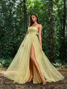 Faeriesty Luxe Elegant Swiss Dot Ruched Bust Mesh Formal Tube Dress Evening Dress - Yellow - View 4