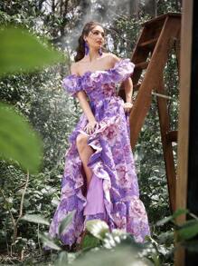Váy dạ hội trễ vai thanh lịch Faeriesty Luxe, buộc dây sau lưng, xẻ tà cao – Hoàn hảo cho các buổi dạ hội, đám cưới, sự kiện thảm đỏ, bữa tối trang trọng, vũ hội từ thiện - Màu tím - Xem 7