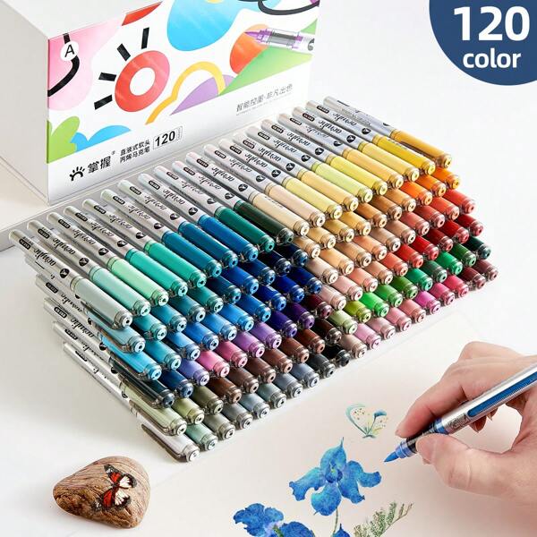 Set de regalo de 120 colores de marcadores acrílicos GRASP, plumas de dibujo artístico, marcadores de punta suave impermeables, de alta calidad con punta de pincel, tinta no estratificada, mezclables, adecuados para manualidades en madera, lienzo, piedra, vidrio, cerámica, útiles escolares para estudiantes
