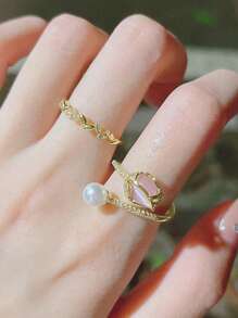 1 Tulip Bud Faux Pearl Women's Ring, Fashionable Cat Eye Stone Jewelry, Index Finger Ring, Fresh And Simple Japanese And Korean Ring, Adjustable Opening