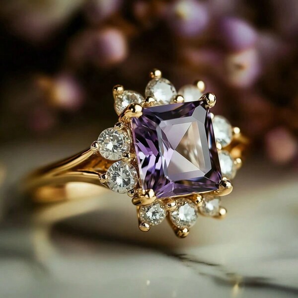 1pc Luxury Women's Fashion Proposal Ring With Romantic Purple Cubic Zirconia Stone - Elegant Gold Plated Copper Wedding Band, Ideal For Proposing, Wedding, Anniversary, Party And Daily Wear