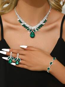 4pcs Set Crystal Water Drop Shaped Rhinestone Necklace, Bracelet & Earing Jewelry Set, European Style