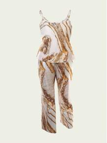 大码休闲睡衣套装，女式宽松圆领全身印花吊带背心和长裤睡衣两件套，适合春季 - 查看 4