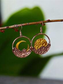 Golden Vintage Asymmetrical Mountains Hollow Round And Curved Sun Moon Crescent Dangle Earrings Bohemian Jewelry Women's Earrings Party Gift Alloy Material Delicate Gift - Mountain Sun Moon Earrings - View 4